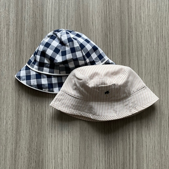 NWT Janie and Jack Gingham Bucket Hat & NWT Striped Palm Bucket Hat White 3-6M - Picture 1 of 14